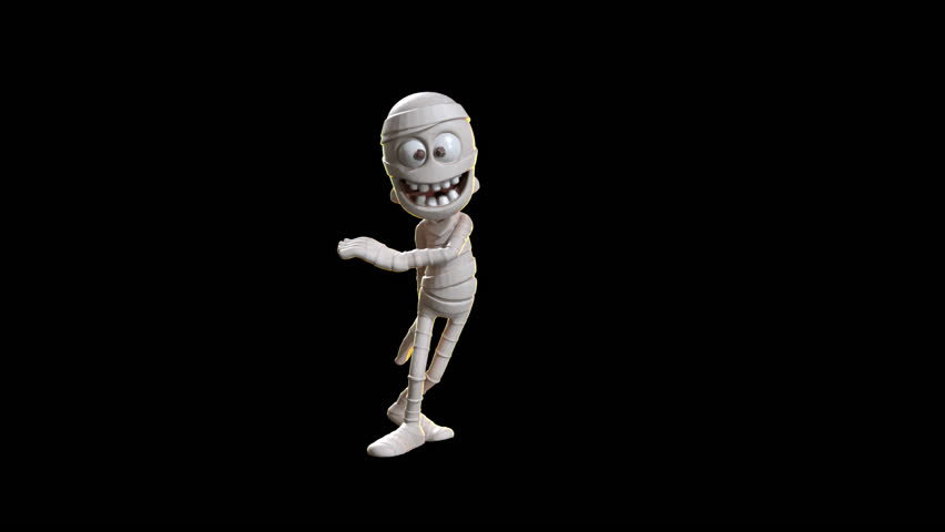 Animated toon-style mummy character dancing or walking on black, with alpha channel. Perfect for Halloween-themed motion graphics.