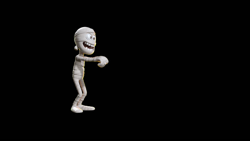 Animated toon-style mummy character dancing or walking on black, with alpha channel. Perfect for Halloween-themed motion graphics.