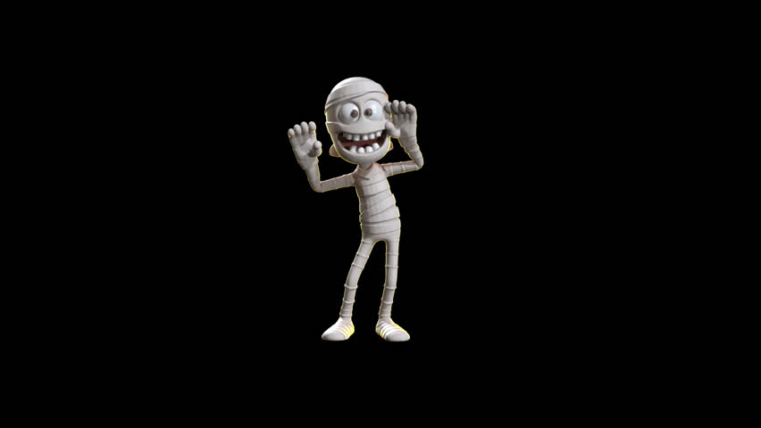 Animated toon-style mummy character dancing or walking on black, with alpha channel. Perfect for Halloween-themed motion graphics.