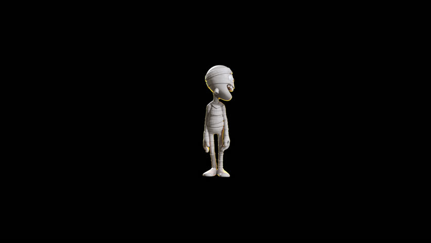 Animated toon-style mummy character dancing or walking on black, with alpha channel. Perfect for Halloween-themed motion graphics.