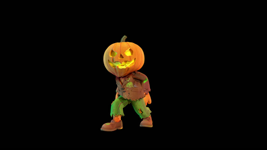 Cartoon-style animated pumpkin head man performing dance or walk moves. Perfect Halloween asset with alpha channel for motion graphics.