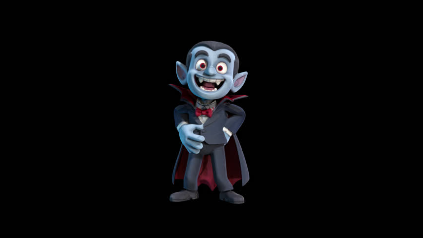 Animated toon vampire character dancing and walking with spooky flair. Ideal for Halloween projects with alpha channel and seamless loop animations.