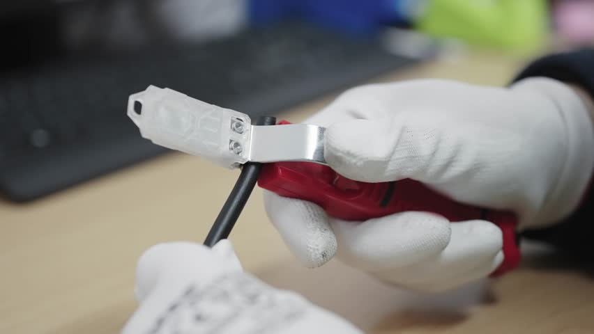 Worker Using Tool To Crimp Cable in Industrial Setting