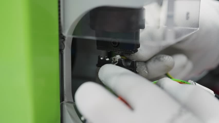 Gloved hands worker work precisely with cables crimping machinery in a high-tech industrial facility