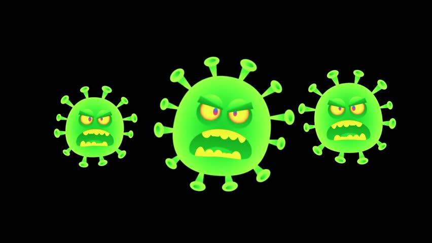 Angry virus character animation with biting expression, designed on a transparent background, symbolizing health, disease, and cartoon-style germs.