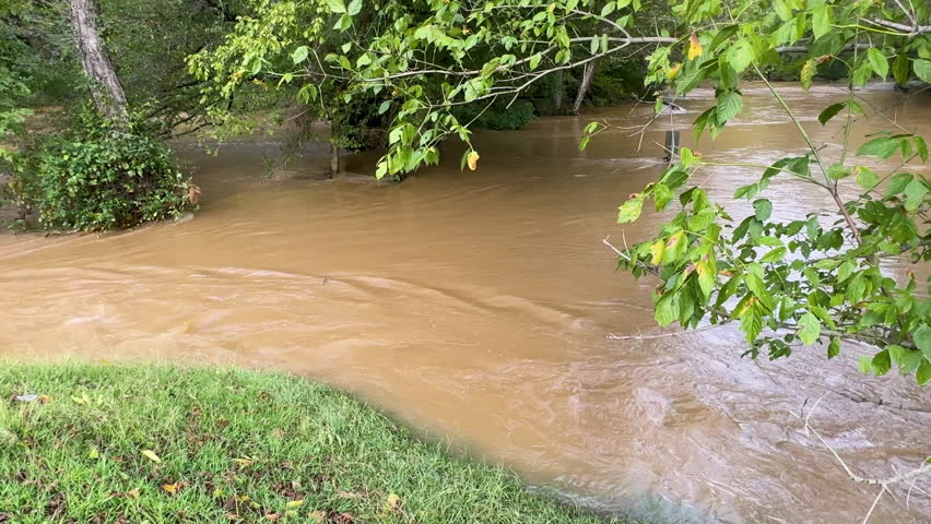 Tracking shot shows strong current in a north Georgia creek, swamped by torrential rains dumped by Hurricane Helene.