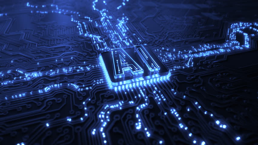Futuristic AI chip on circuit board. Artificial intelligence microchip deep learning. AI data center. Cyber innovation automation and autonomous brain. Generative AI neural network 3D background
