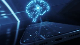 3D futuristic neon AI hologram hud and digital brain with smartphone display. Artificial Intelligence technology concept. Chat deep learning. Cyber innovation mobile app - Powered by Shutterstock - Get 15% off with code: PIKWIZARD15