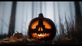 Lit Jack o lantern pumpkin with a scary face carving and a flickering candle, surrounded by fallen autumn leaves for Halloween night - Powered by Shutterstock - Get 15% off with code: PIKWIZARD15