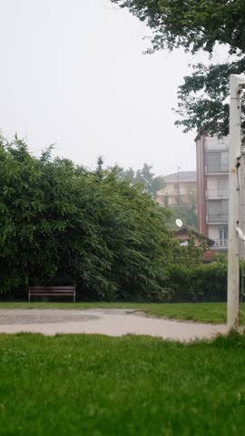 Rainy Day at the Suburban Soccer Field with Puddles and Lush Greenery