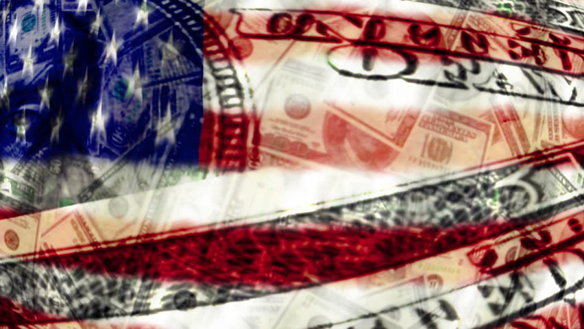 United states of America flag and money abstract symbolic non-looping background 