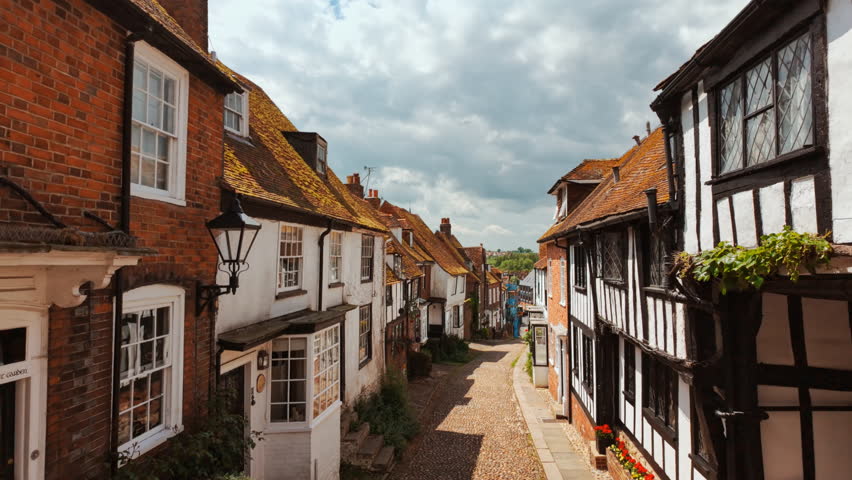 Revealing the picturesque Mermaid Street in Rye, East Sussex, UK with impressive Tudor houses and cobblestone
