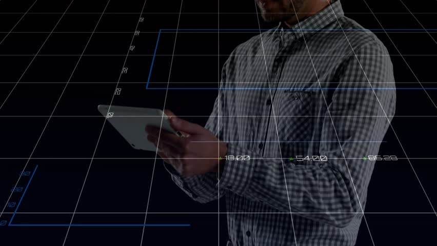 Man entering holding tablet, tapping, swiping and scrolling displaying data bar,pie and line charts. Technology, data visualization, analytics, futurism, digital interface, user interaction - Powered by Shutterstock - Get 15% off with code: PIKWIZARD15