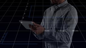 Man entering holding tablet, tapping, swiping and scrolling displaying data bar,pie and line charts. Technology, data visualization, analytics, futurism, digital interface, user interaction - Powered by Shutterstock - Get 15% off with code: PIKWIZARD15