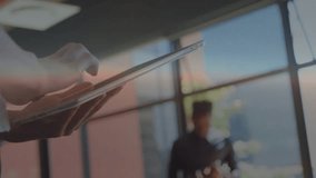 Tablet user tapping screen, animated data appearing, code scrolling, visuals shifting for insights. Technology, data, innovation, collaboration, efficiency, digital, workspace - Powered by Shutterstock - Get 15% off with code: PIKWIZARD15