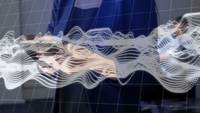 Woman tapping and swiping tablet in office tech demo while colleague watching, waveforms adjusting. Technology, innovation, data visualization, holography, digital, futuristic, collaboration - Powered by Shutterstock - Get 15% off with code: PIKWIZARD15