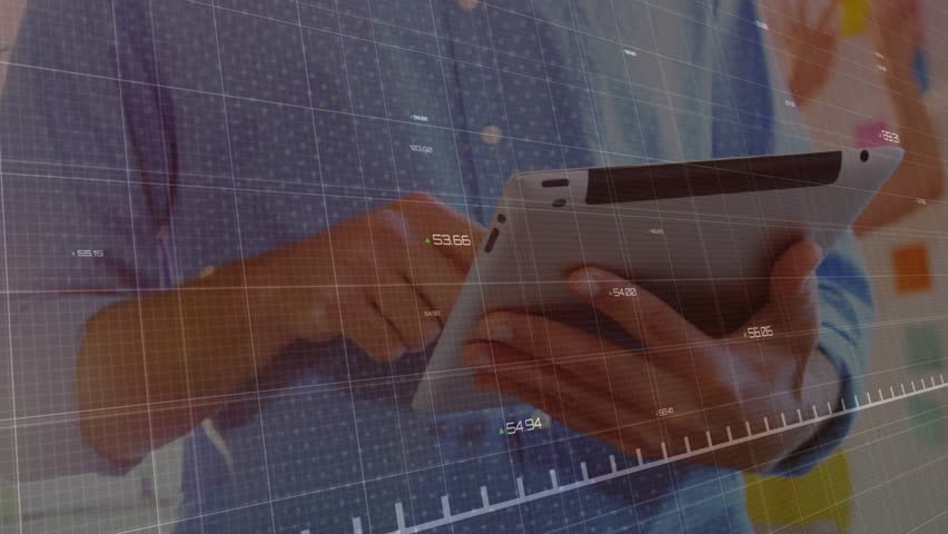 Office worker tapping tablet showing red graph for tracking tech data as colleague arranging notes. Technology, collaboration, data, innovation, brainstorming, analysis, digital - Powered by Shutterstock - Get 15% off with code: PIKWIZARD15