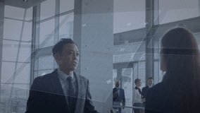 male entering lobby approaching female peer, generating digital rings pulsing during tech pitch. Futuristic, collaboration, innovation, professional, technology, urban, dynamic - Powered by Shutterstock - Get 15% off with code: PIKWIZARD15