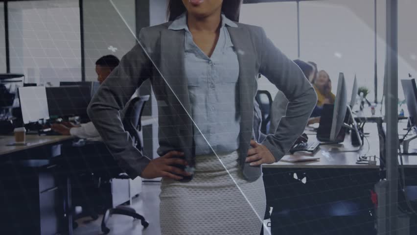Woman entering tech office and activating grid overlays, shifting stance and celebrating win. Professional, innovation, technology, collaboration, modern, achievement, dynamic - Powered by Shutterstock - Get 15% off with code: PIKWIZARD15