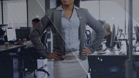 Woman entering tech office and activating grid overlays, shifting stance and celebrating win. Professional, innovation, technology, collaboration, modern, achievement, dynamic - Powered by Shutterstock - Get 15% off with code: PIKWIZARD15