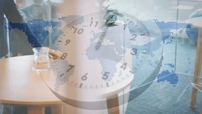 woman lifting smartphone off desk coordinating global office call with world map and clock overlay. Collaboration, communication, technology, modernity, teamwork, productivity, urban - Powered by Shutterstock - Get 15% off with code: PIKWIZARD15