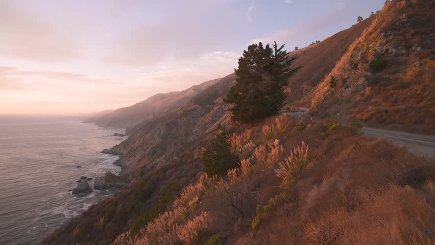 Ground-Level Footage of Spectacular Sunset over the Pacific Ocean from Big Sur Coastli