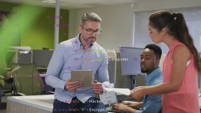 Colleagues reviewing cybersecurity risks as woman handing pages and tablet showing code overlay. Office, teamwork, technology, collaboration, digital, professional, modern - Powered by Shutterstock - Get 15% off with code: PIKWIZARD15