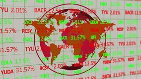 Starting red-orange world map, animated percentage codes updating each second showing market trends. Geographics, analytics, technology, digital, futuristic, data visualization, finance - Powered by Shutterstock - Get 15% off with code: PIKWIZARD15