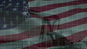 Oil pumps and rig with Waving Flag of America and Growing financial charts and diagrams showing increasing profits of United States. - Powered by Shutterstock - Get 15% off with code: PIKWIZARD15