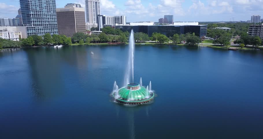 Flying around the water fountain in Lake Eola Orlando Florida