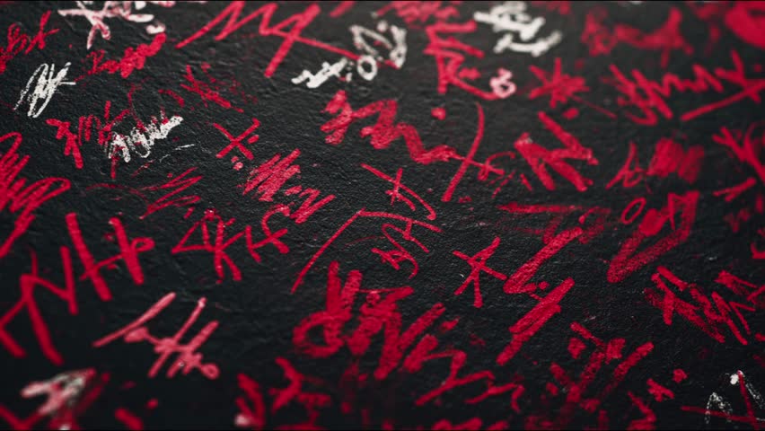 Fast Motion Animation of Graffiti Tags and Scribbles on a Black Wall Background