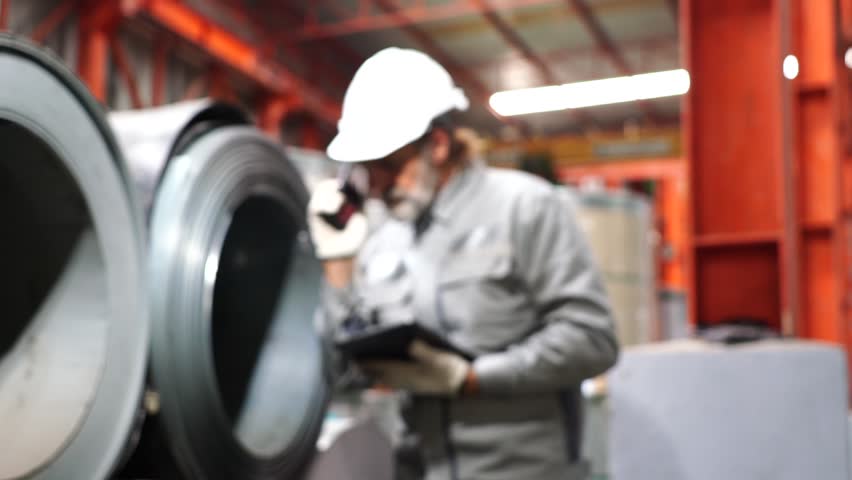 Senior male foreman in uniform works as a steel sheet roll operator and holds a walkie-talkie to talk to his colleagues about steel raw materials in a factory.
