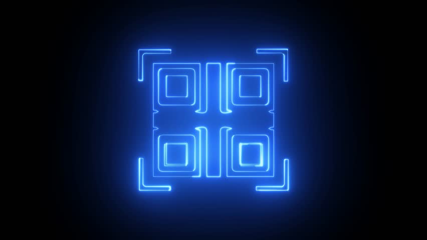A blue neon QR code with scanning brackets on a black background QR code light - Powered by Shutterstock - Get 15% off with code: PIKWIZARD15