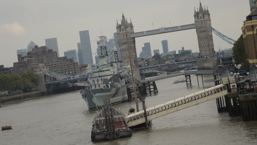 River Thames View from London Bridge with Tower Bridge, Boats, and City Landmarks in London, UK. Video taken on 2 October 2025 in London. UK