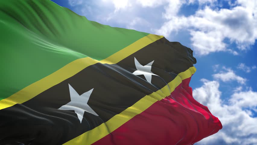 Saint Kitts and Nevis flag. Close-up of the Saint Kitts and Nevis flag waving in the wind. Saint Kitts and Nevis flag circle.