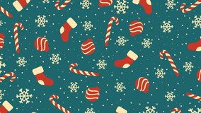 Seamless 4K animated Christmas background with candy canes, stockings, baubles, and snowflakes on teal backdrop. Perfect for festive greetings, wrapping, ads, party invites, and holiday videos. - Powered by Shutterstock - Get 15% off with code: PIKWIZARD15
