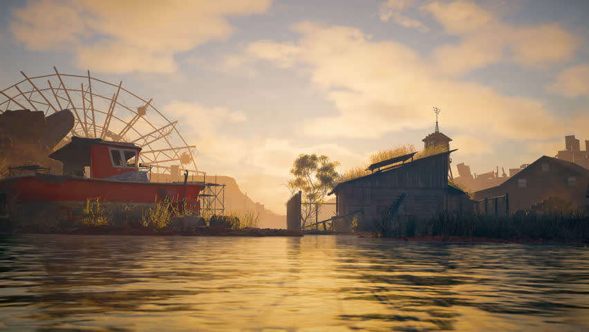 Abandoned red boat and rustic wooden buildings near water at sunset, with a decaying Ferris wheel in the background under a dramatic golden sky.