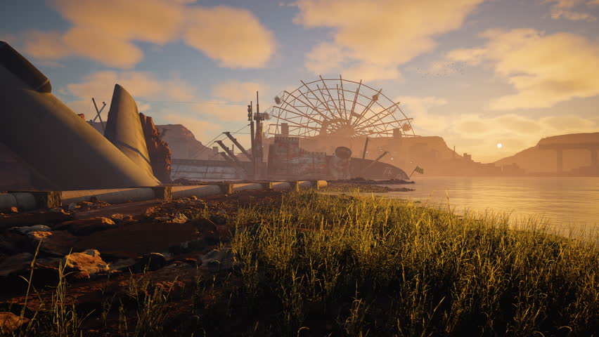 Abandoned Ferris wheel and rusted industrial ruins by a lake at sunset, with tall grass in the foreground and hazy mountains in the distance.