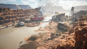 Abandoned desert settlement with rusting boats, derelict vehicles, and industrial ruins under a dry, cracked landscape, evoking desolation and decay. - Powered by Shutterstock - Get 15% off with code: PIKWIZARD15