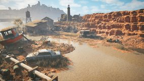 Overview of an abandoned desert settlement with rusted vehicles, a stranded boat, and crumbling buildings beneath a dry wasteland cliff, evoking post-apocalyptic survival themes. - Powered by Shutterstock - Get 15% off with code: PIKWIZARD15