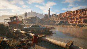 Abandoned cars, boats, and barrels scattered over a flooded wasteland near red cliffs, with a lighthouse, a decayed wooden house and a distant city skyline visible in the background. - Powered by Shutterstock - Get 15% off with code: PIKWIZARD15