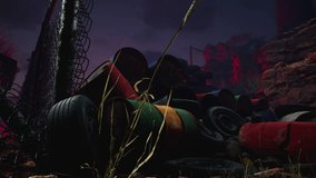 A pile of rusted metal barrels and old tires stacked in a junkyard at night, with alarming red light and dark twilight sky in the background. Rusty barrels and tires piled outdoors in a junkyard. - Powered by Shutterstock - Get 15% off with code: PIKWIZARD15