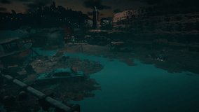 Night view of an abandoned desert settlement with rusted vehicles, a stranded boat, and crumbling buildings beneath a dry wasteland cliff, evoking post-apocalyptic survival themes. - Powered by Shutterstock - Get 15% off with code: PIKWIZARD15