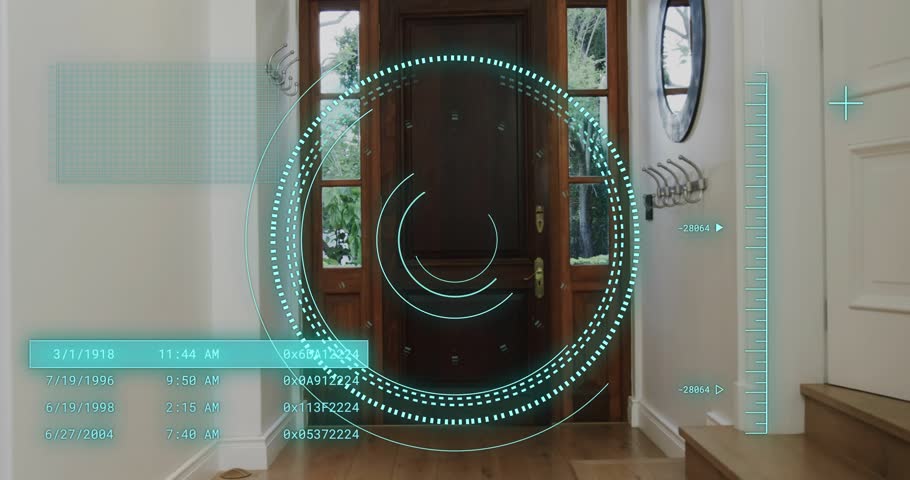 AR HUD scanning door unlocking as man guiding dog inside using device deactivating home security. Technology, security, smart home, innovation, connectivity, modern, lifestyle