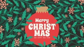 4K animated video with “Merry Christmas and Happy New Year” inside a bold red ornament, surrounded by festive holly leaves and snowflakes. Perfect for greetings, ads, and seasonal social media posts. - Powered by Shutterstock - Get 15% off with code: PIKWIZARD15
