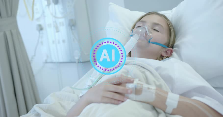 Patient lying supine on hospital bed with IV line, medical AI interface forming brain shape network. Healthcare, innovation, telemedicine, biomedical, futuristic, pediatric, medical technology