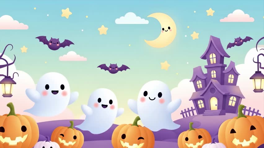 Adorable 2D Animation flat design Halloween background in pastel colors featuring cute pumpkins, friendly ghosts, kawaii bats, and playful haunted elements. Perfect for festive kids themes