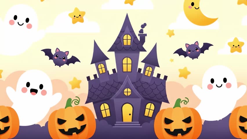 Adorable 2D Animation flat design Halloween background in pastel colors featuring cute pumpkins, friendly ghosts, kawaii bats, and playful haunted elements. Perfect for festive kids themes