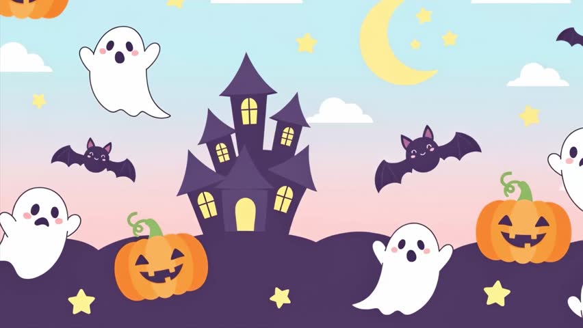 Adorable 2D Animation flat design Halloween background in pastel colors featuring cute pumpkins, friendly ghosts, kawaii bats, and playful haunted elements. Perfect for festive kids themes