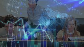 Manager entering room and pointing at spike guiding analysts aligning AR finance chart trends. Collaboration, technology, business, innovation, data, visualization, teamwork - Powered by Shutterstock - Get 15% off with code: PIKWIZARD15